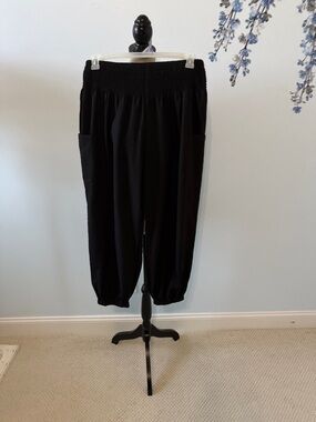 Women's Black Smocked Waist Track Pants with Pockets